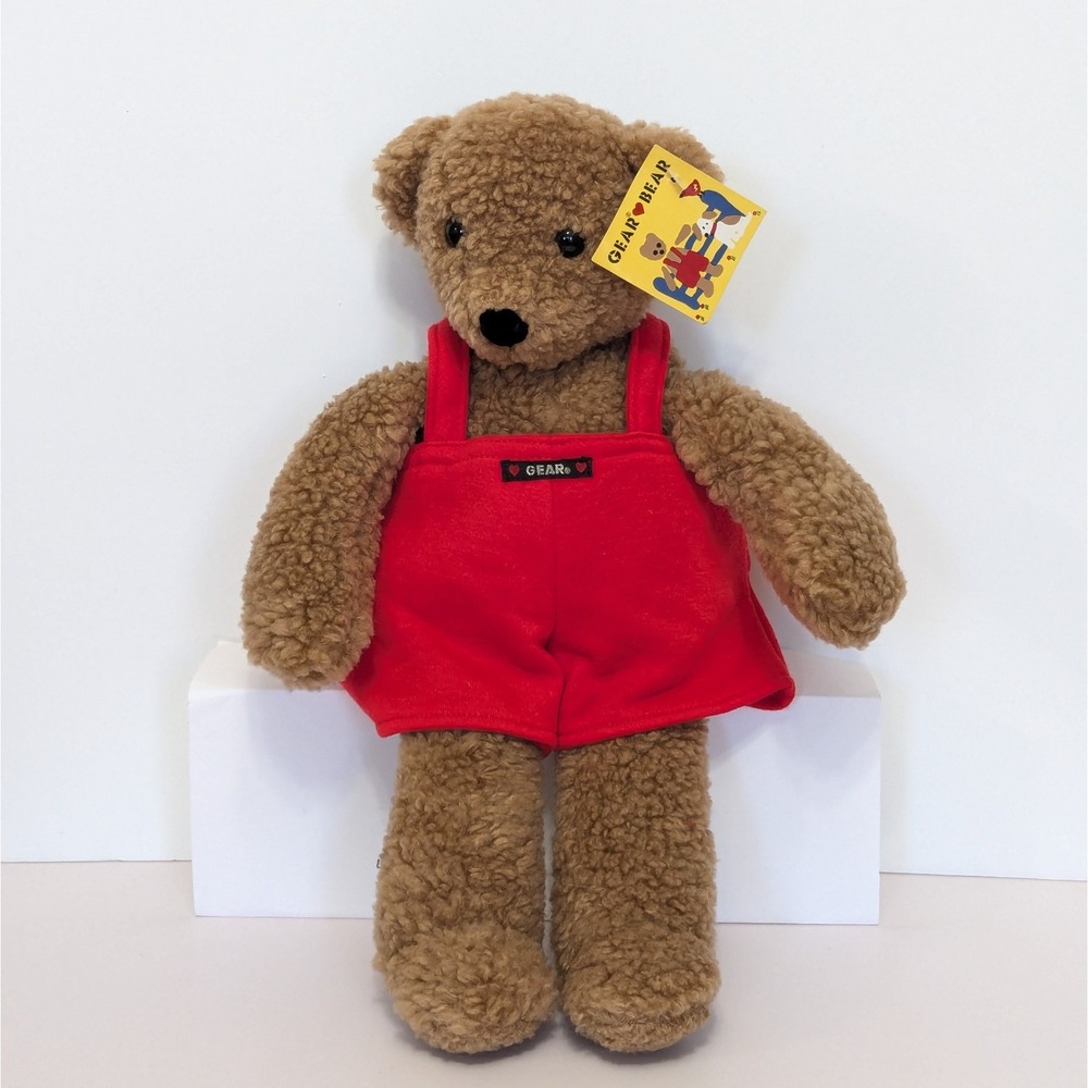 Vintage 1986 Gund GEAR 16" Teddy Bear in Red Overalls w/Rattle Inside New w/ Tag